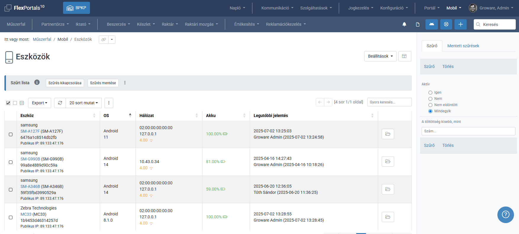 FlexMobile device - list screenshot